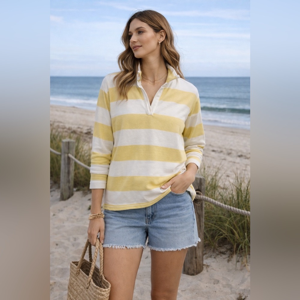 Coastal Comfort Yellow White Striped Pullover Small Preppy Coastal